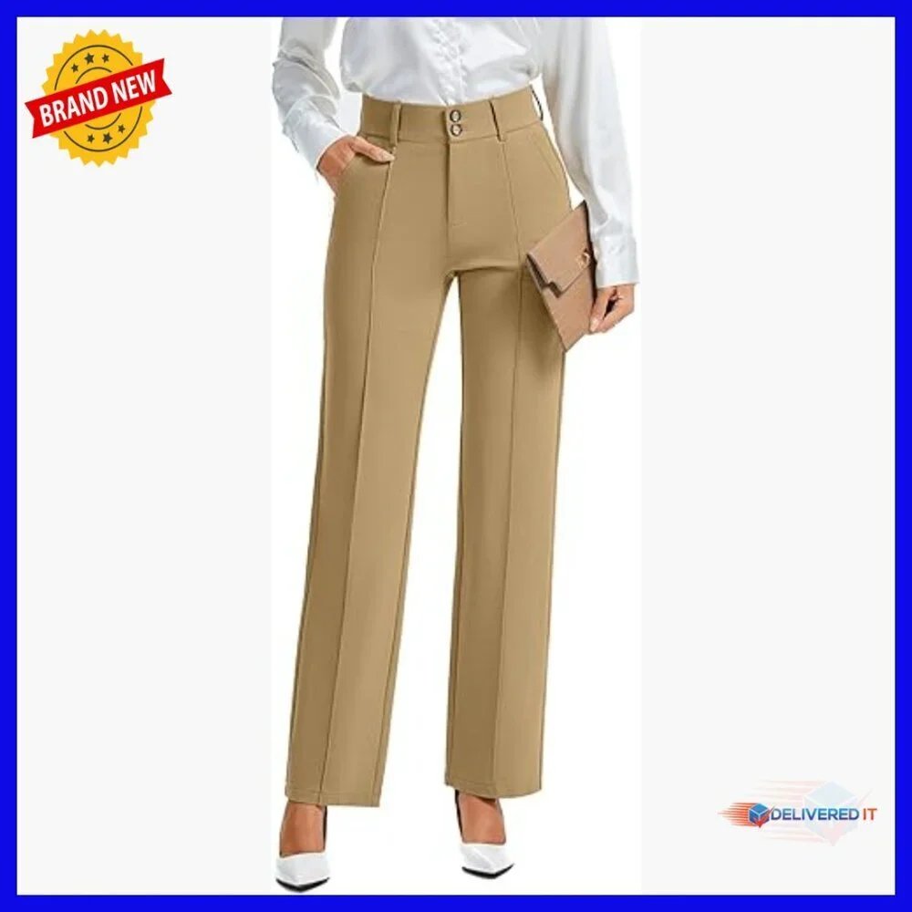 Stretchy Straight Leg Dress Pants High Waist Elastic Casual Slacks with Pockets